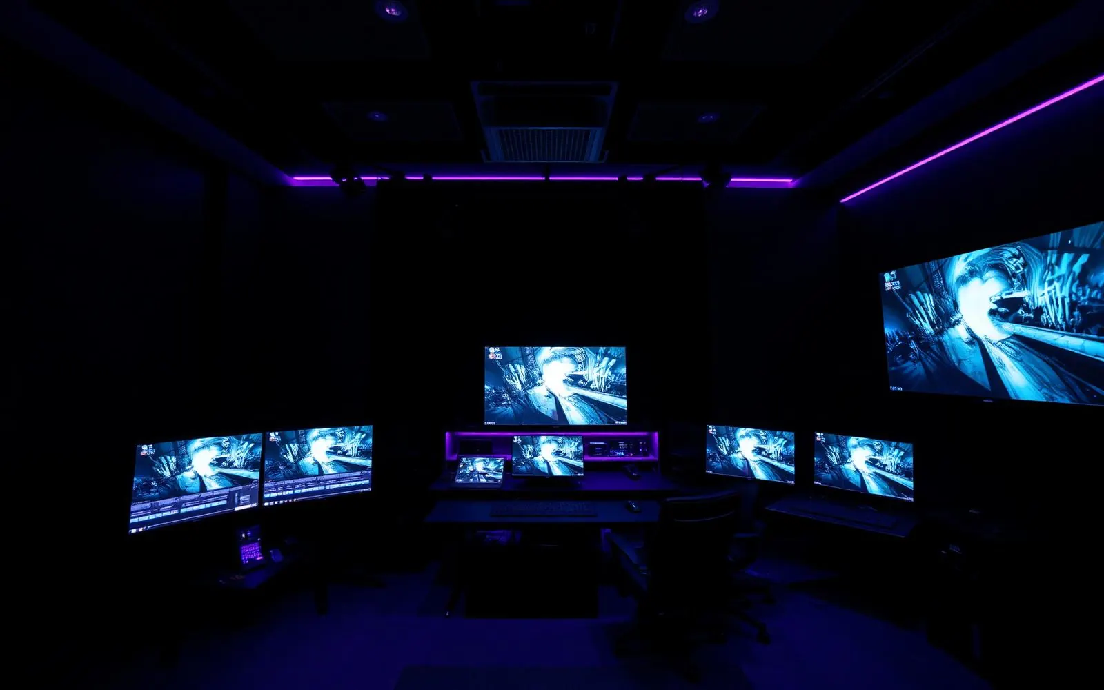 Dark color grading suite with glowing monitors and purple ambient light